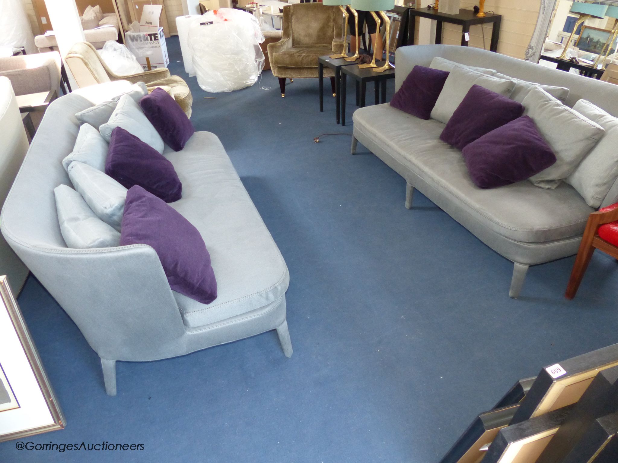 A pair of Maxalto Febo grey fabric sofas designed by Antonio Citterio, 222 cm wide, various scatter cushions